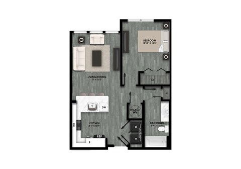 Floor plan for 1 bed, 1 bath, 655 sqft